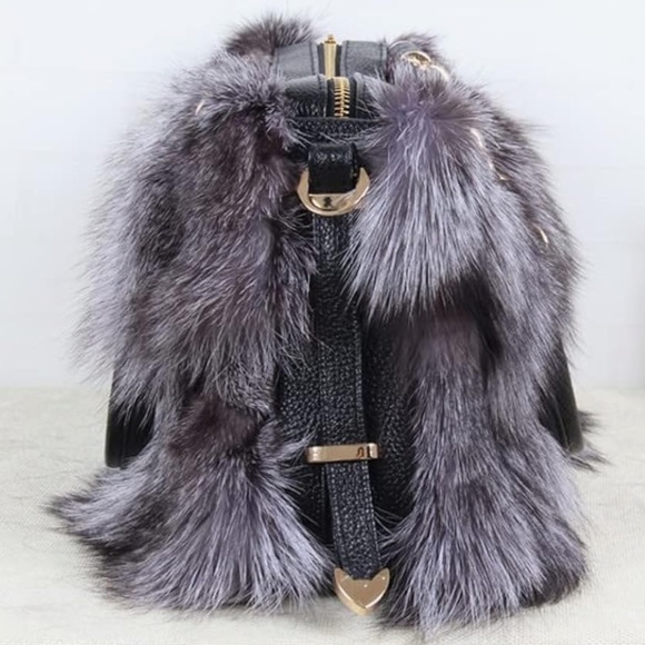 Luxury Real Fox Fur Handbag  Furry Shoulder Bag Purse Black - Picture 6 of 10